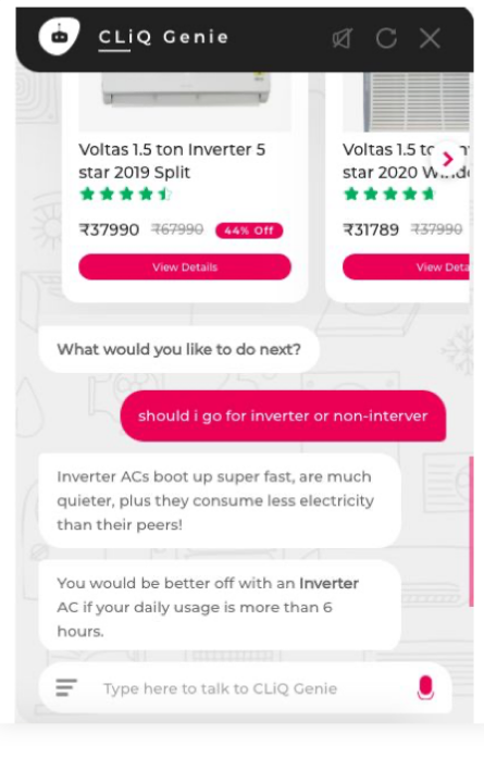 Chatbot conversing with a customer about air conditioners, explaining the benefits of inverter technology.